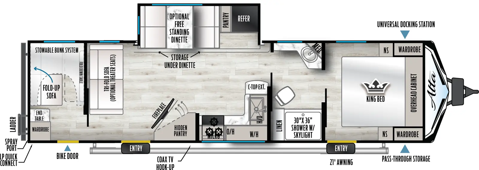 The Alta 3010KBH floorplan has two entries and one slide out. Exterior features include: fiberglass exterior and 21' awning. Interiors features include: bunk beds, free-standing dinette option, front bedroom and pass through bathroom.